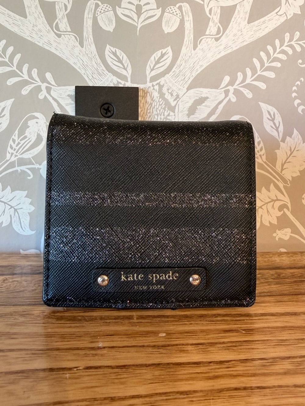 Kate Spade Glitter Mini Snap Wallet Black & Silver EUC